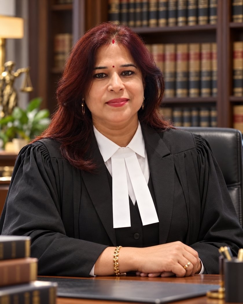 Advocate Priya Sharma in her advocate's robes at her chambers